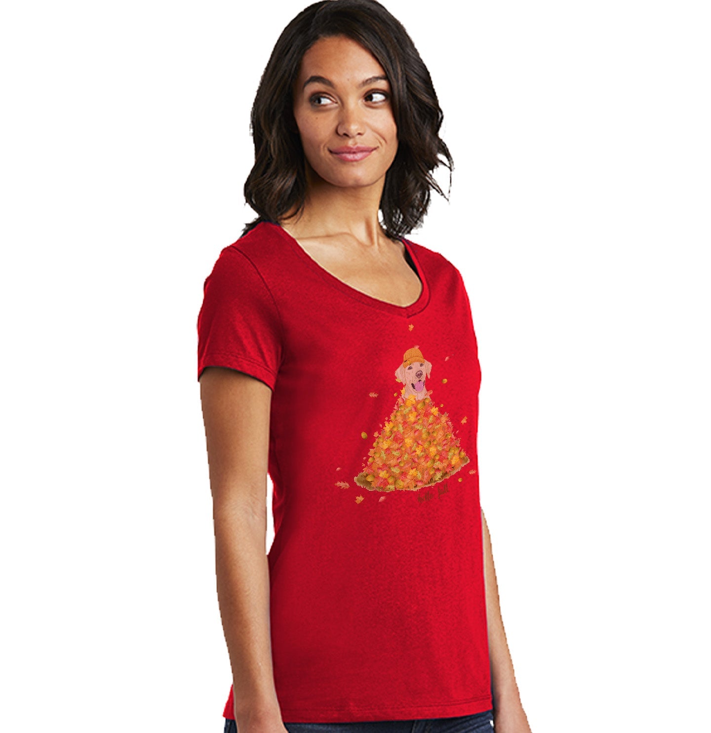 Leaf Pile and Yellow Lab - Women's V-Neck T-Shirt