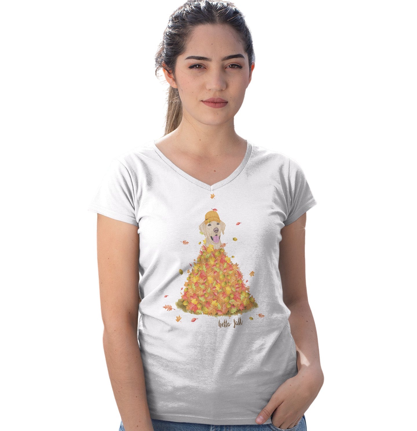 Leaf Pile and Yellow Lab - Women's V-Neck T-Shirt