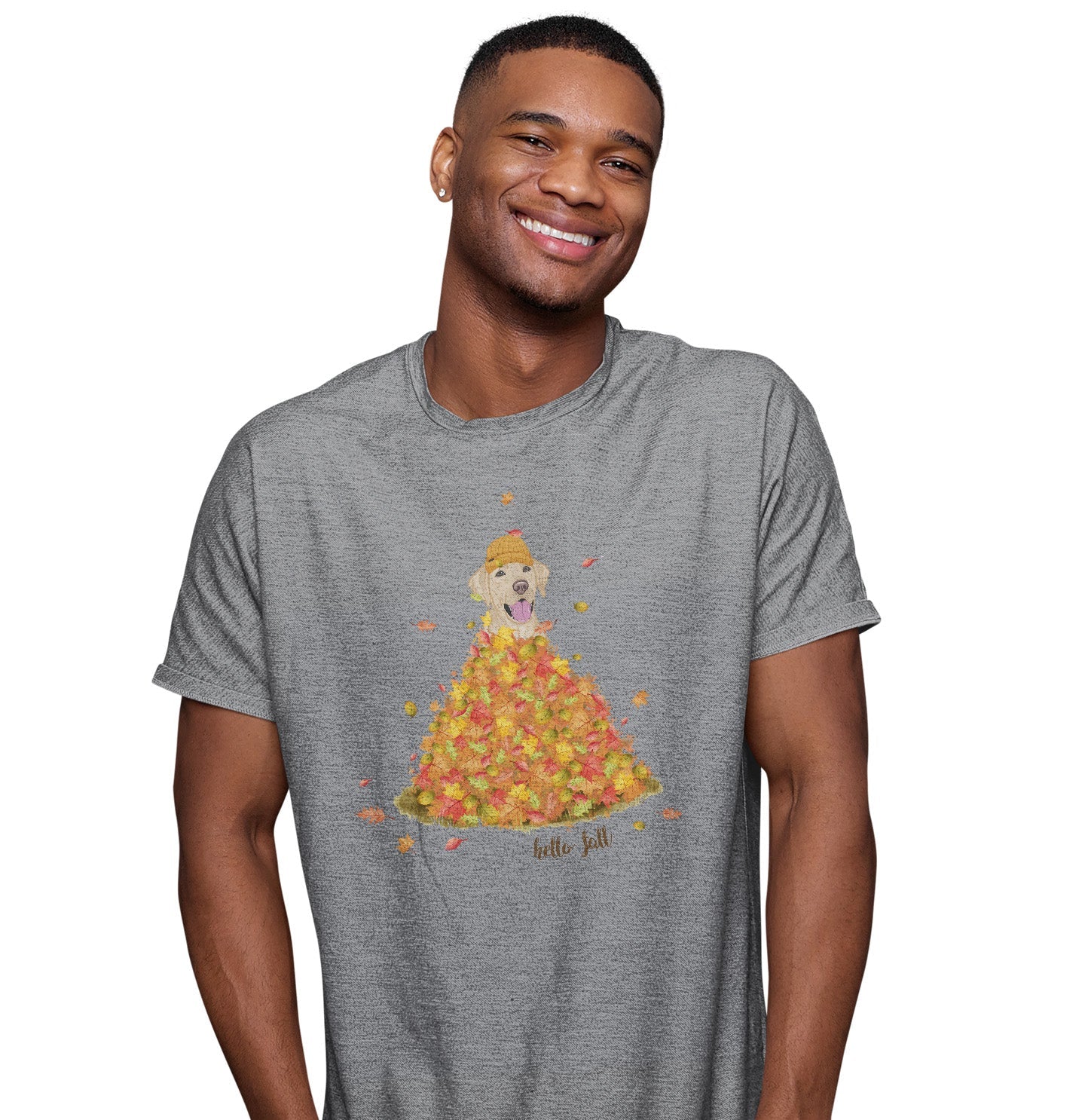 Leaf Pile and Yellow Lab - Adult Unisex T-Shirt