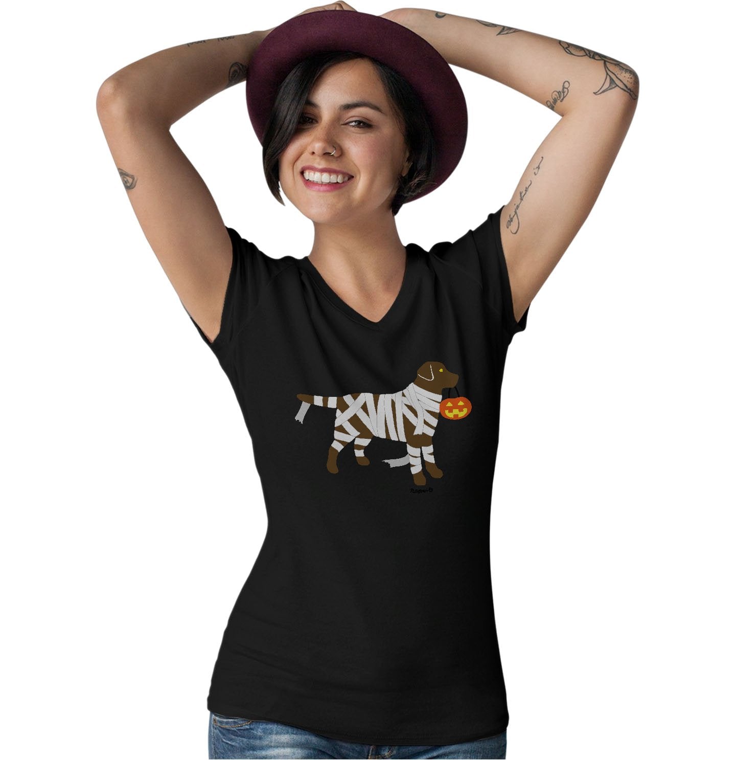 Chocolate Lab Mummy Trick or Treater - Women's V-Neck T-Shirt