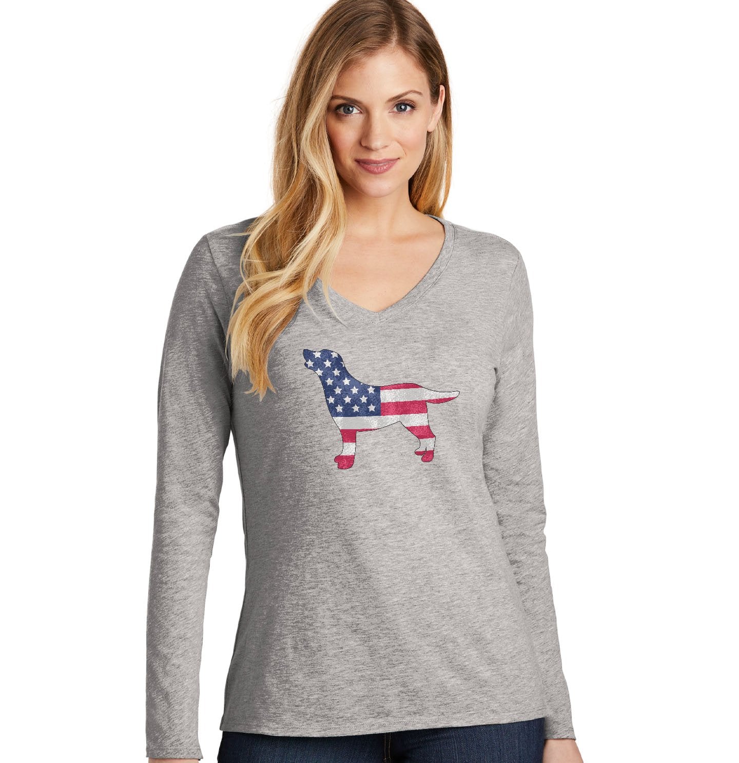 USA Flag Pattern Lab Silhouette - Women's V-Neck Long Sleeve Tee Shirt