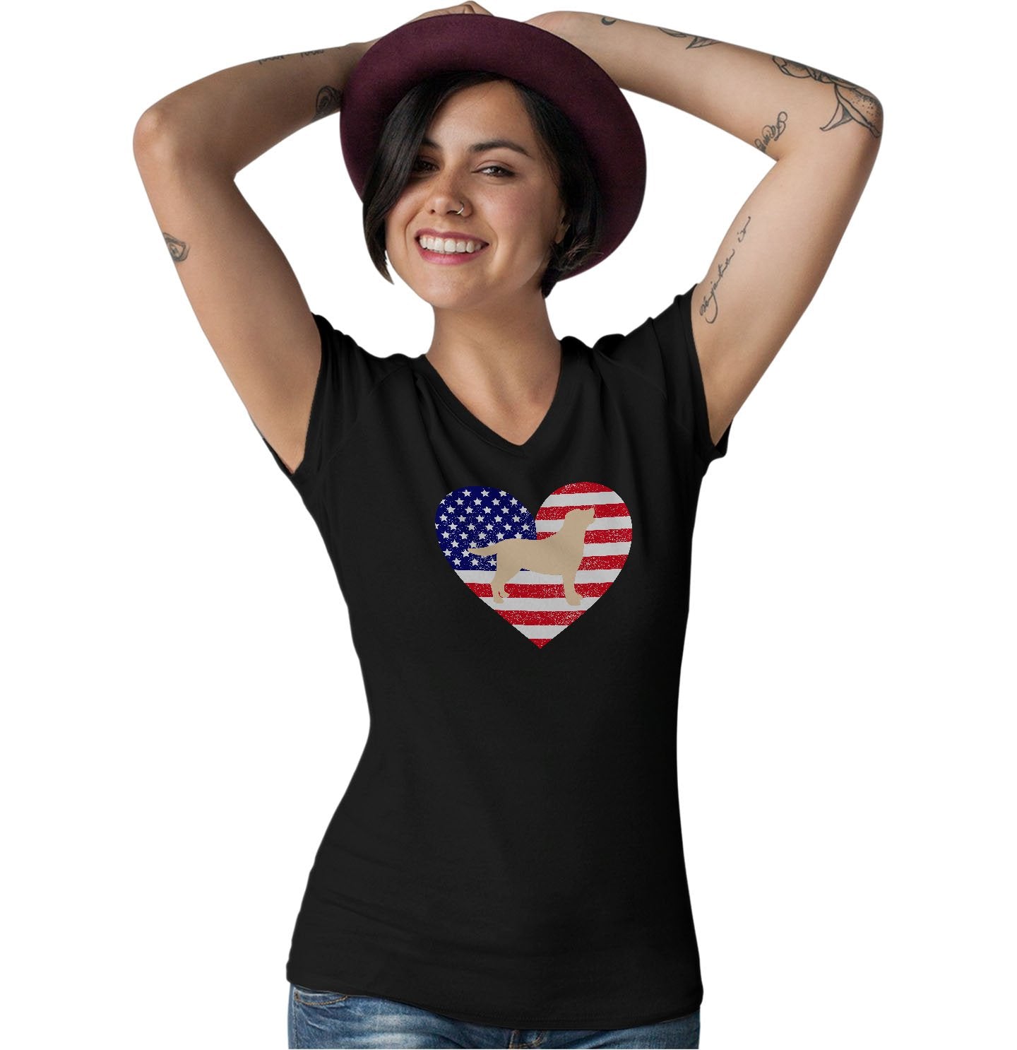 USA Flag Yellow Lab Silhouette - Women's V-Neck T-Shirt