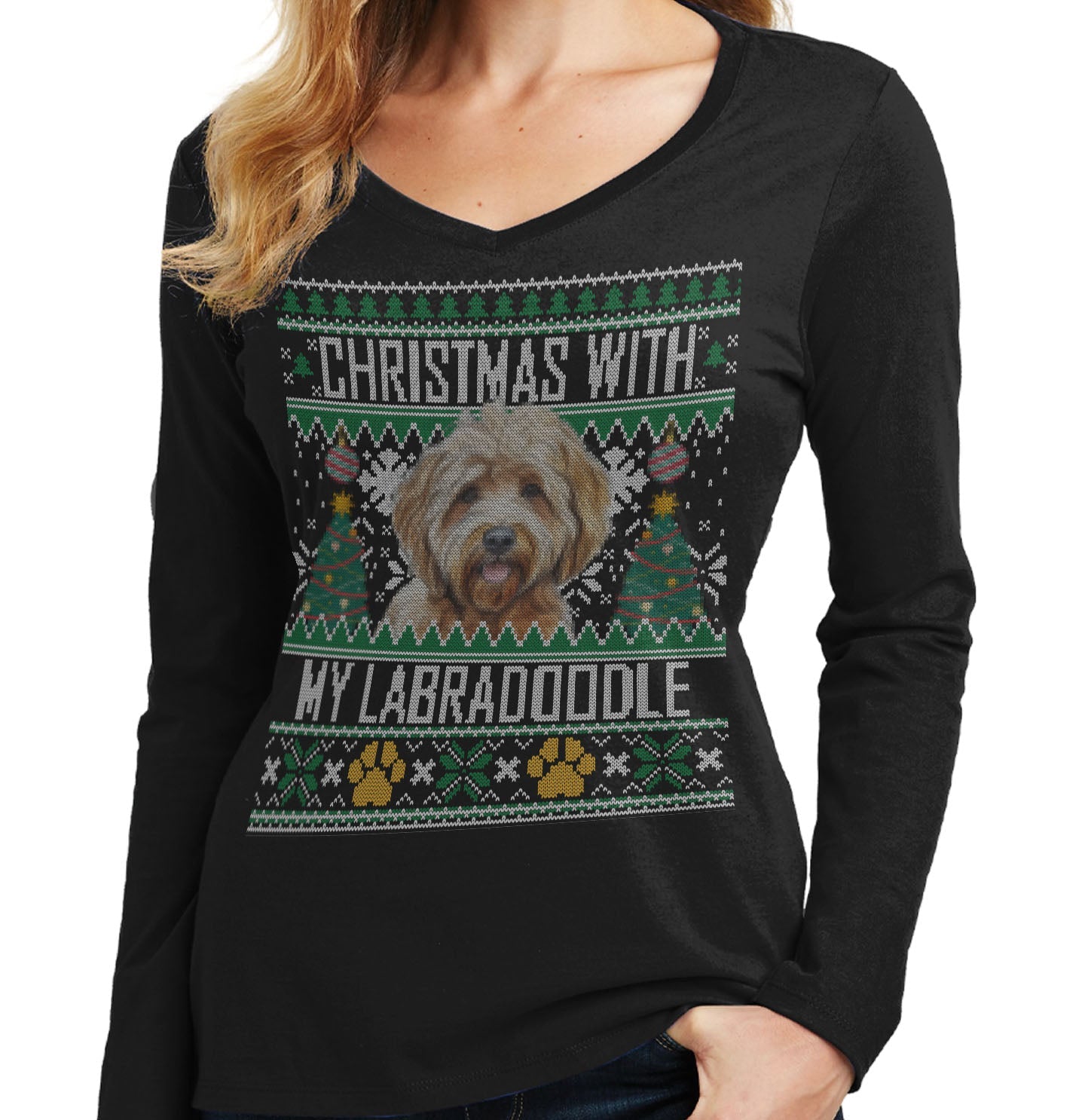 Ugly Sweater Christmas with My Labradoodle - Women's V-Neck Long Sleeve T-Shirt