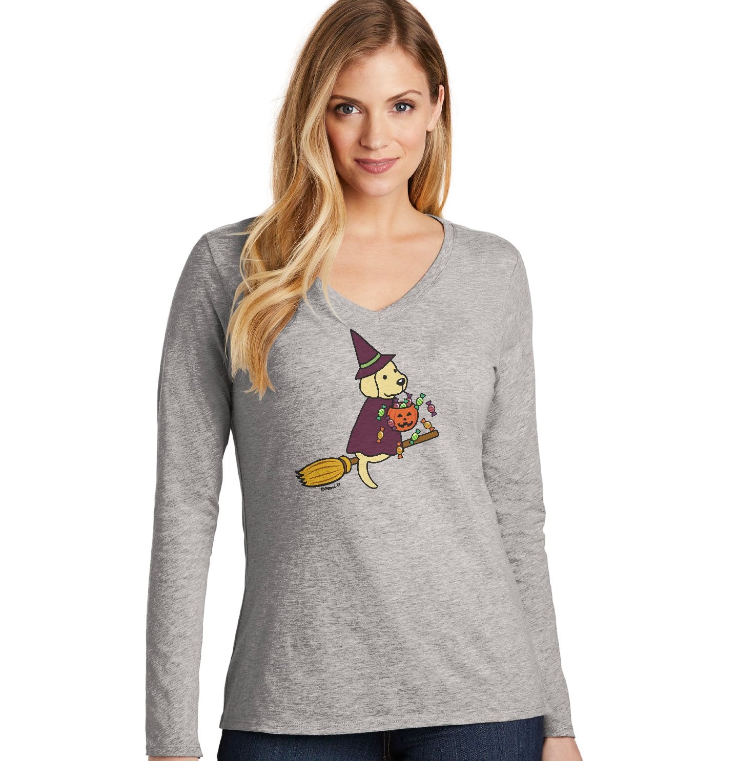 Yellow Lab Witch - Halloween - Women's V-Neck Long Sleeve T-Shirt