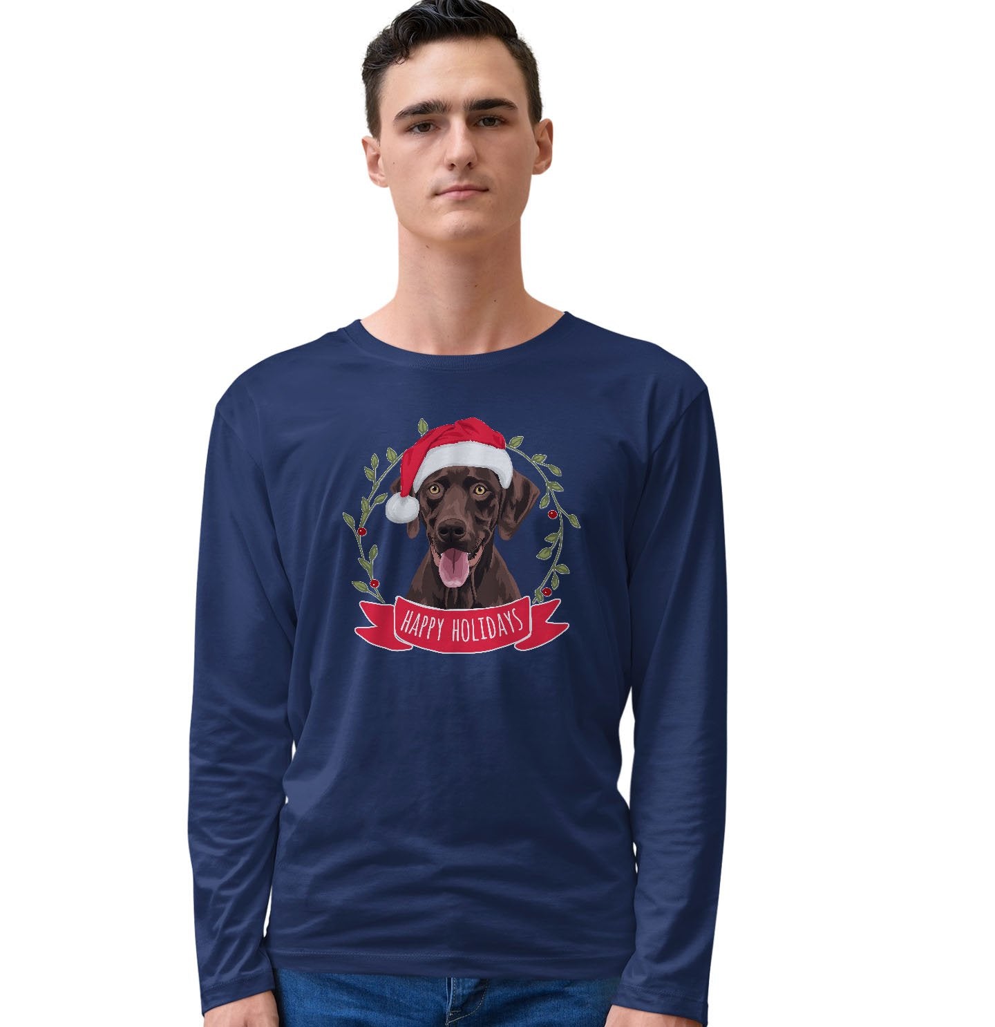 Happy Holidays Chocolate Lab - Adult Unisex Long Sleeve T-Shirt