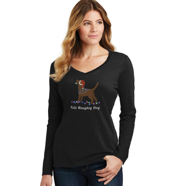 Feliz Naughty Dog Chocolate Lab - Women's V-Neck Long Sleeve T-Shirt