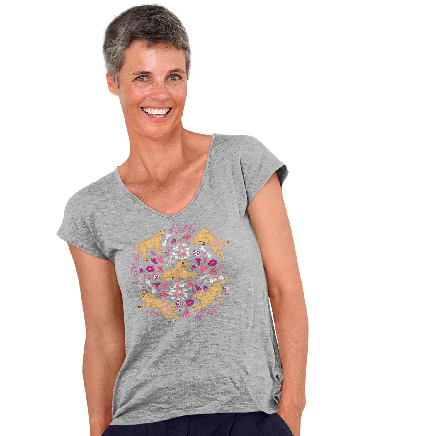 Yellow Labrador Pink Fleur Pattern  - Women's V-Neck T-Shirt