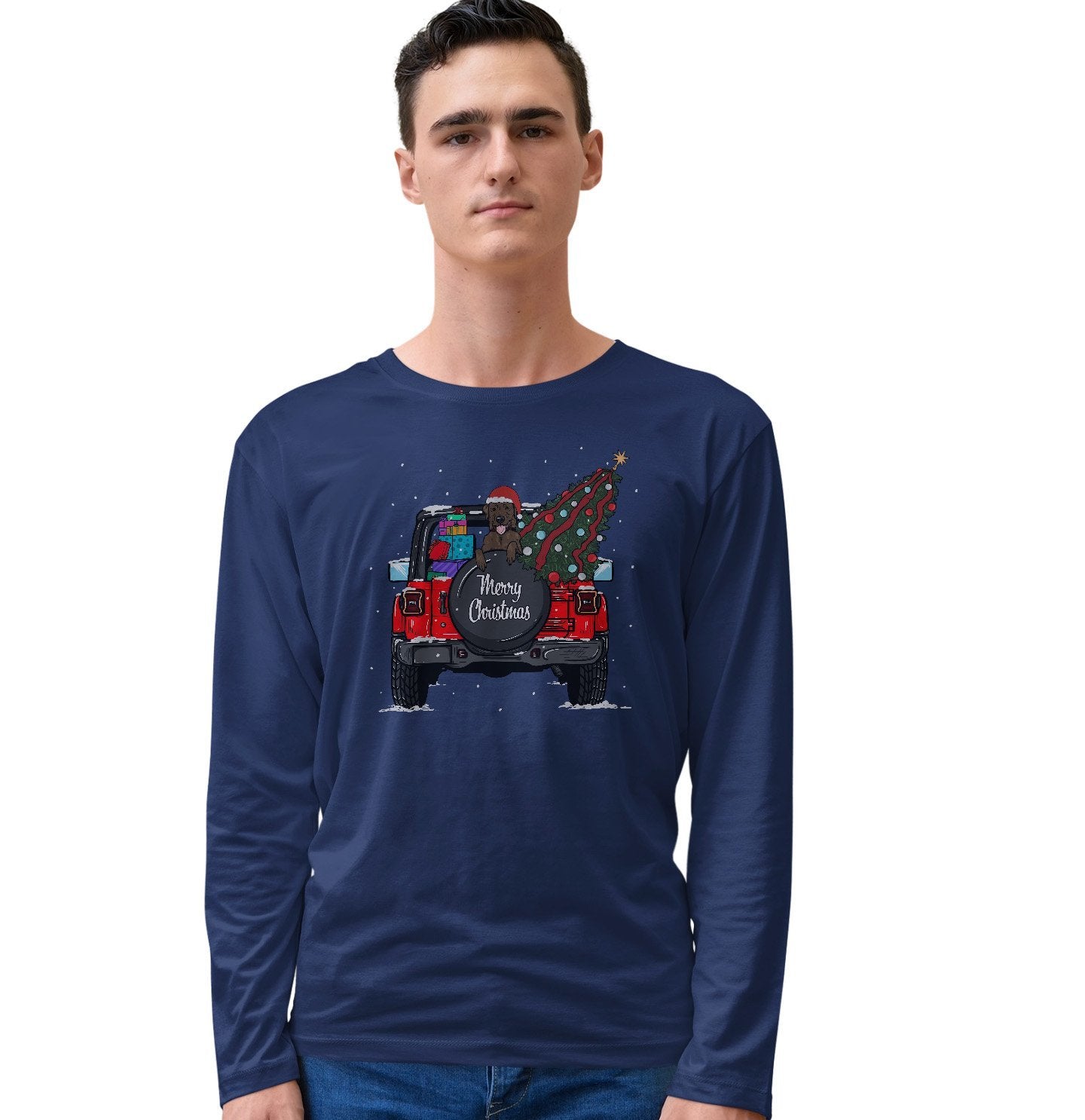 Christmas Jeep Chocolate Lab - Adult Unisex Long Sleeve T-Shirt