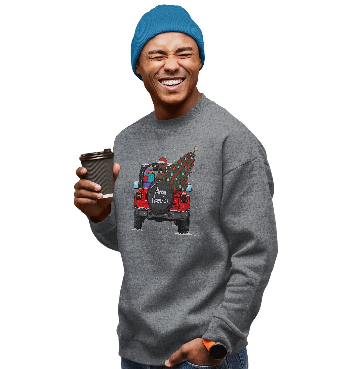 Labradors.com - Christmas Jeep Chocolate Lab - Adult Unisex Crewneck Sweatshirt