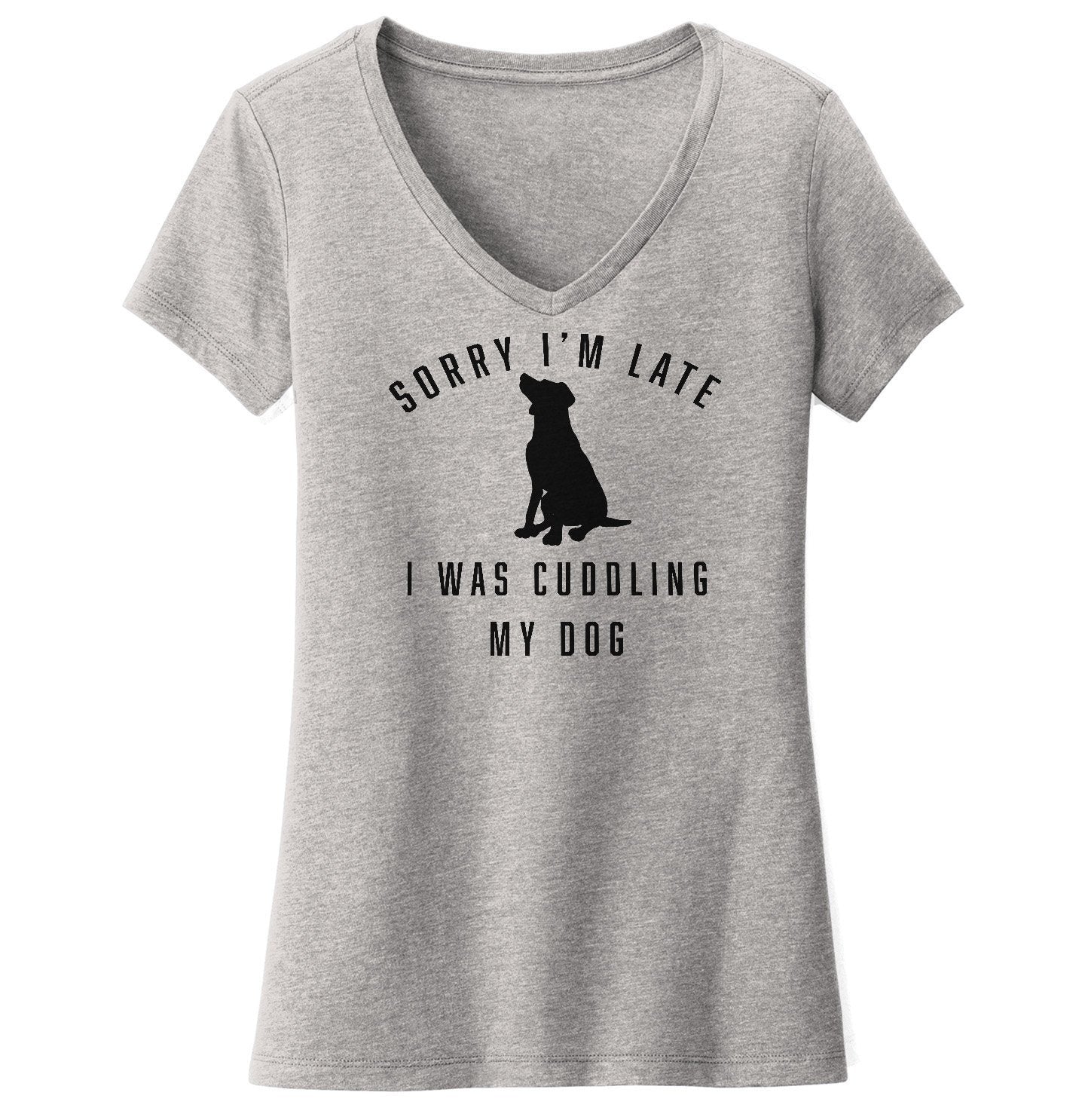 Labradors.com - Sorry I'm Late Dog Cuddling Labrador Silhouette - Women's V-Neck T-Shirt