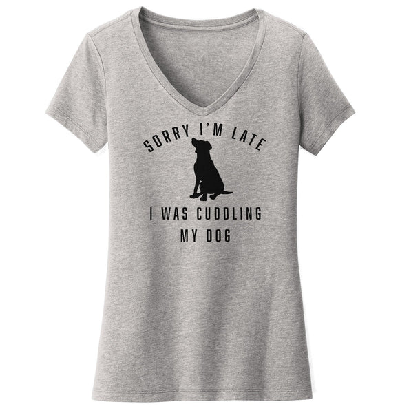 Labradors.com - Sorry I'm Late Dog Cuddling Labrador Silhouette - Women's V-Neck T-Shirt