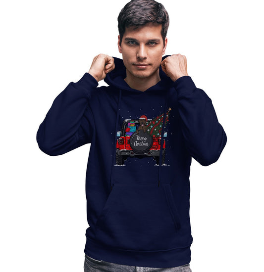 Labradors.com - Christmas Jeep Chocolate Lab - Adult Unisex Hoodie Sweatshirt