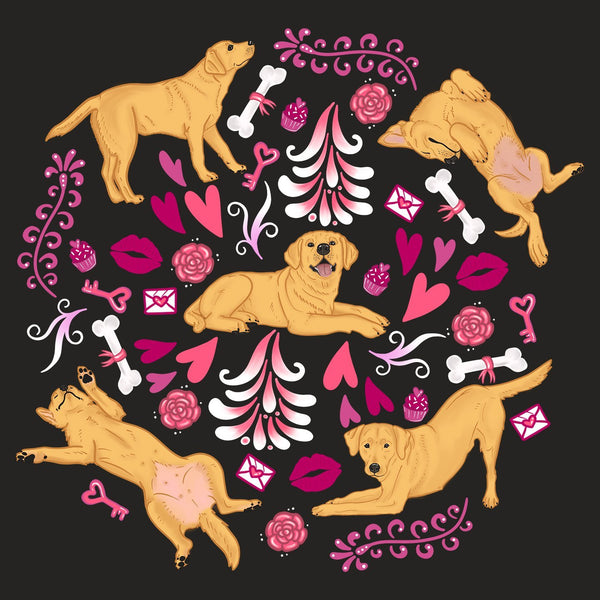 Yellow Labrador Pink Fleur Pattern  - Women's V-Neck T-Shirt